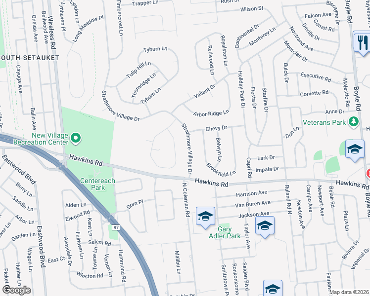 map of restaurants, bars, coffee shops, grocery stores, and more near 46 Segatogue Lane in Centereach