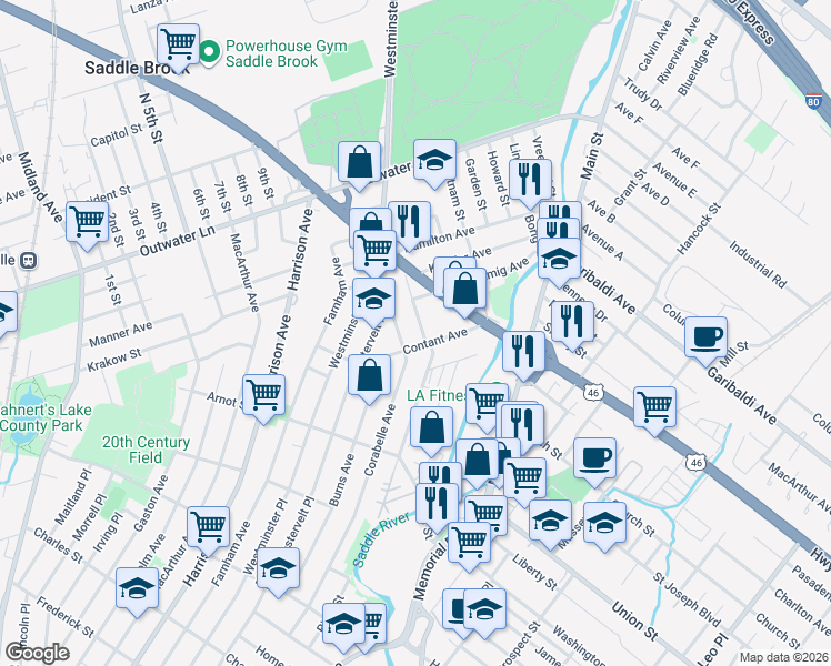 map of restaurants, bars, coffee shops, grocery stores, and more near 49 Contant Avenue in Lodi