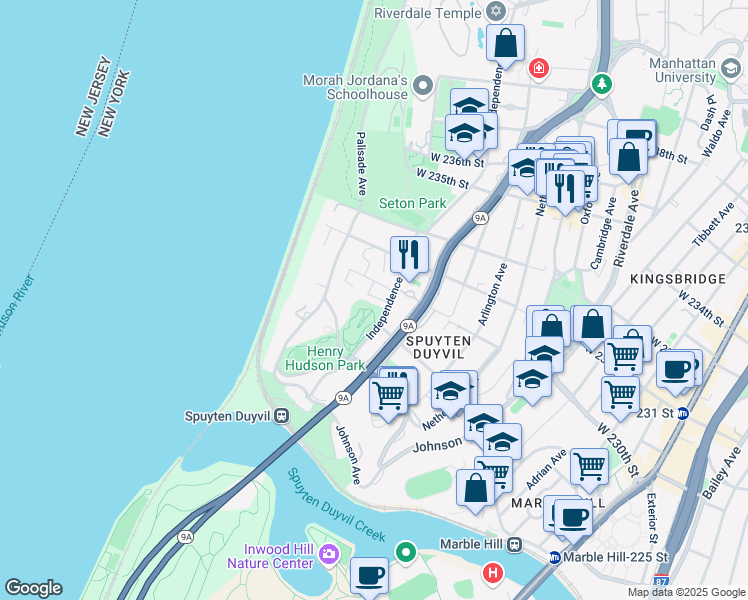 map of restaurants, bars, coffee shops, grocery stores, and more near 720 West 231st Street in The Bronx