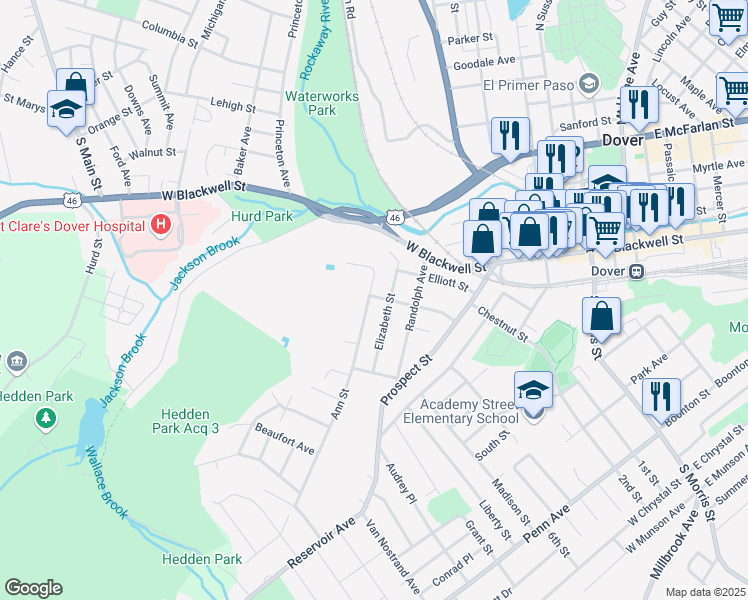 map of restaurants, bars, coffee shops, grocery stores, and more near 52 Ann Street in Dover