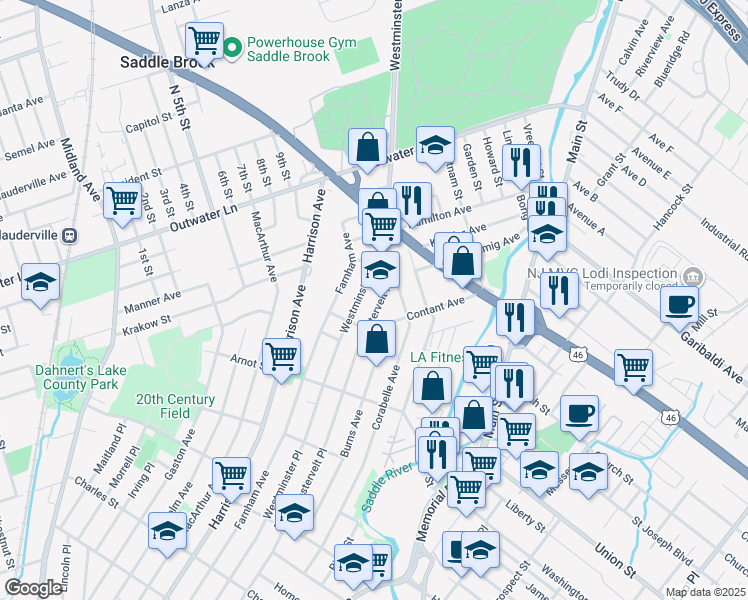 map of restaurants, bars, coffee shops, grocery stores, and more near 365 Westervelt Place in Lodi