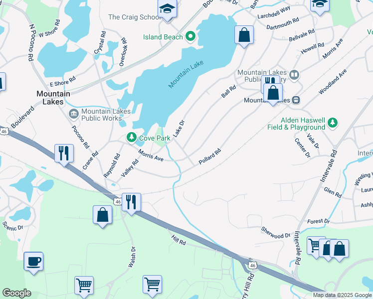 map of restaurants, bars, coffee shops, grocery stores, and more near 16 Rockaway Terrace in Mountain Lakes