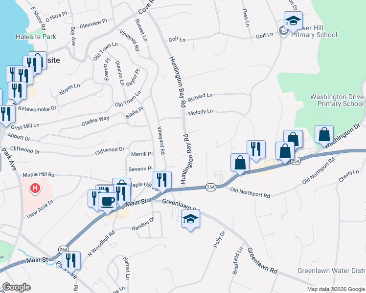 map of restaurants, bars, coffee shops, grocery stores, and more near 55 Huntington Bay Road in Halesite