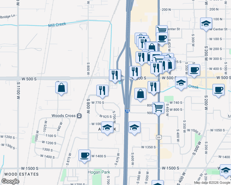 map of restaurants, bars, coffee shops, grocery stores, and more near 635 South 700 West in Woods Cross