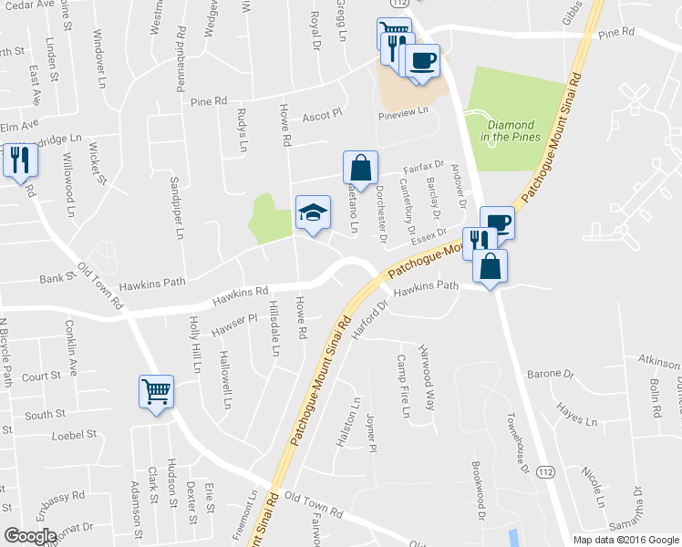 map of restaurants, bars, coffee shops, grocery stores, and more near 1 Hamilton Court in Coram