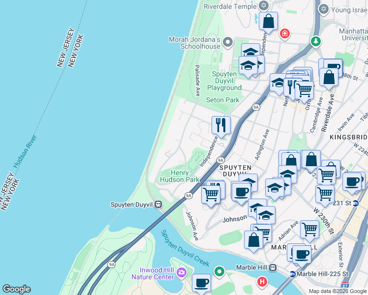 map of restaurants, bars, coffee shops, grocery stores, and more near 775 Kappock Street in Bronx