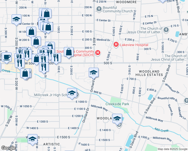 map of restaurants, bars, coffee shops, grocery stores, and more near 325 Peach Lane in Bountiful