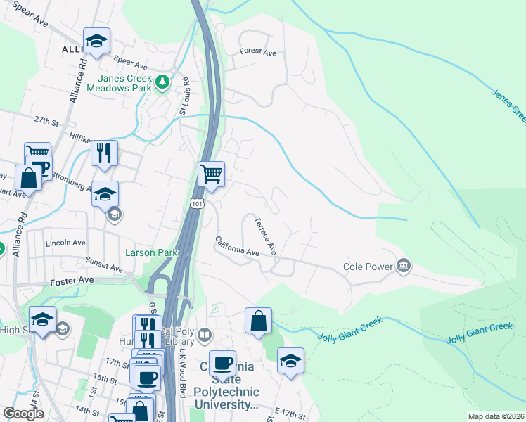 map of restaurants, bars, coffee shops, grocery stores, and more near 2649 Terrace Avenue in Arcata