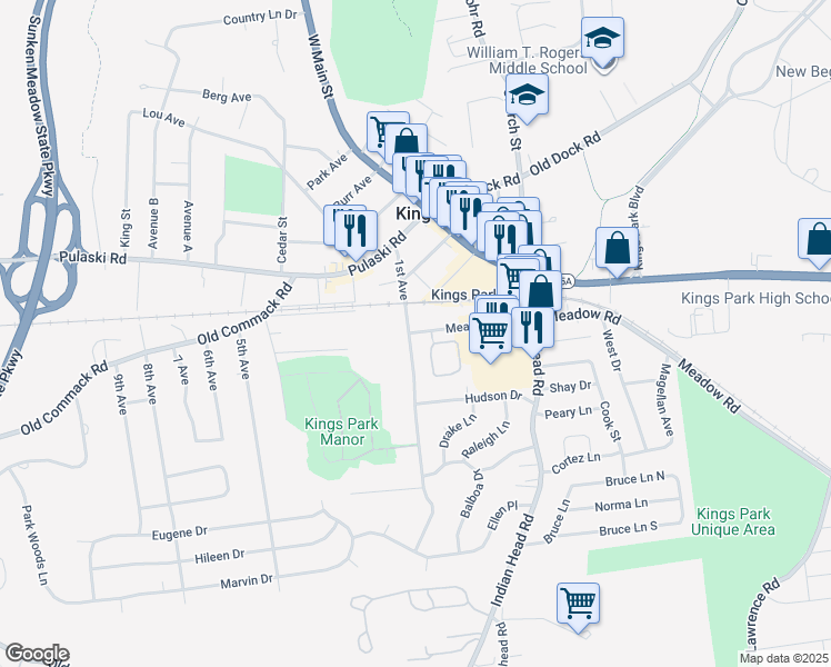 map of restaurants, bars, coffee shops, grocery stores, and more near 72 1st Avenue in Kings Park
