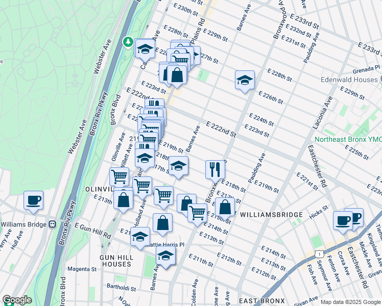 map of restaurants, bars, coffee shops, grocery stores, and more near 3768 Barnes Avenue in Bronx