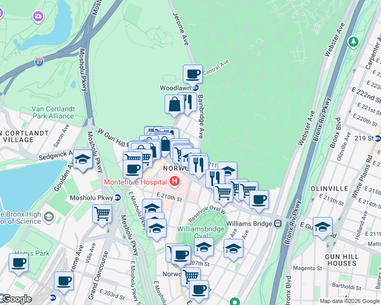 map of restaurants, bars, coffee shops, grocery stores, and more near 3555 Bainbridge Avenue in Bronx