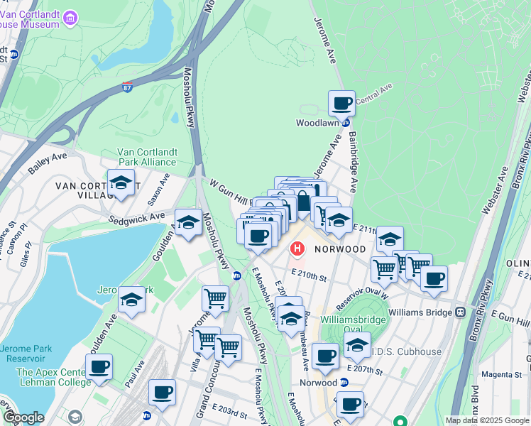 map of restaurants, bars, coffee shops, grocery stores, and more near in The Bronx