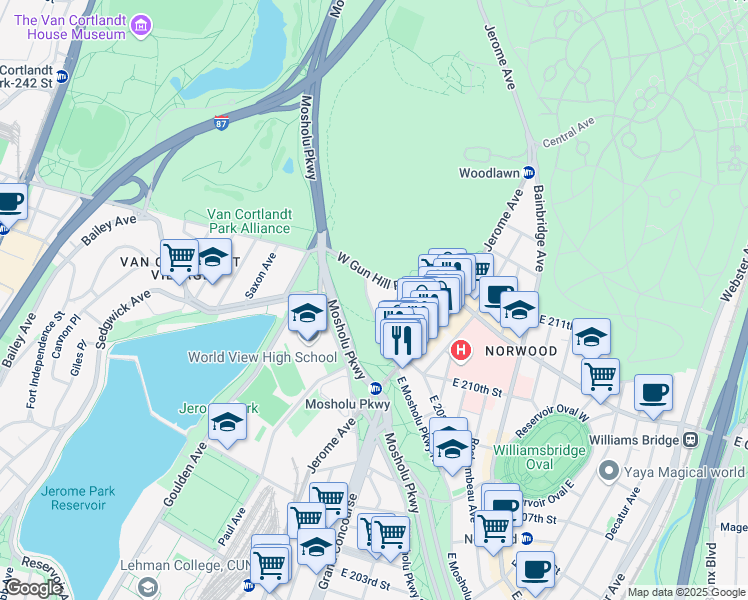 map of restaurants, bars, coffee shops, grocery stores, and more near 55 West Mosholu Parkway South in Bronx