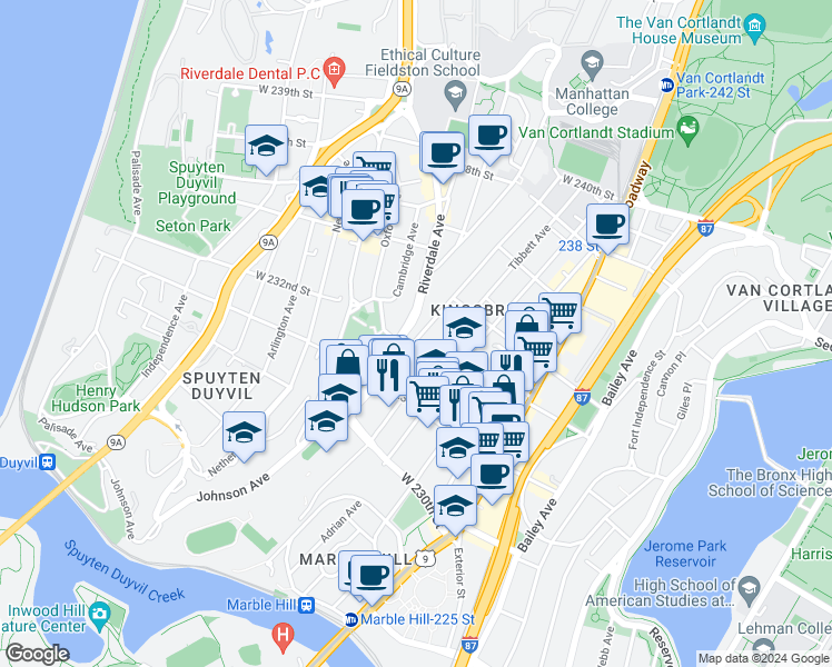 map of restaurants, bars, coffee shops, grocery stores, and more near 3210 Irwin Avenue in Bronx