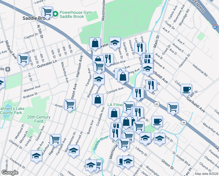 map of restaurants, bars, coffee shops, grocery stores, and more near 49 Contant Avenue in Lodi