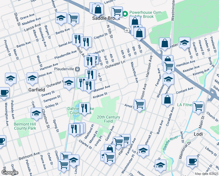 map of restaurants, bars, coffee shops, grocery stores, and more near 60 Manner Avenue in Garfield
