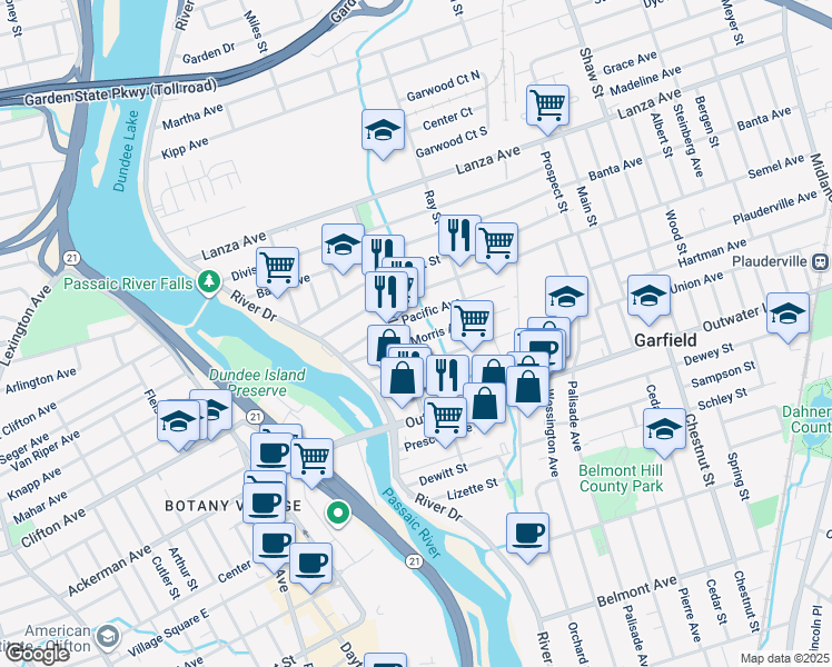 map of restaurants, bars, coffee shops, grocery stores, and more near 66 Morris Avenue in Garfield