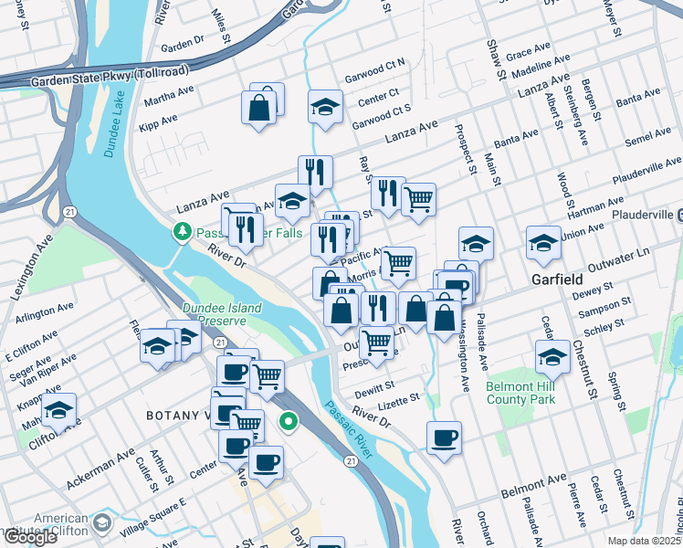 map of restaurants, bars, coffee shops, grocery stores, and more near 65 Jewell Street in Garfield