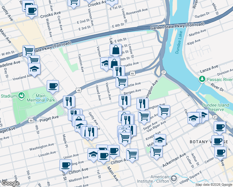 map of restaurants, bars, coffee shops, grocery stores, and more near 217 Lakeview Avenue in Clifton