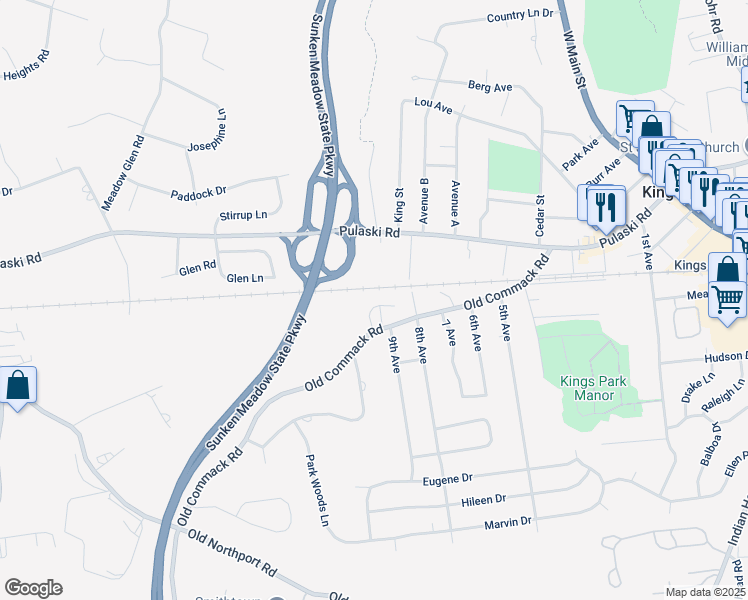 map of restaurants, bars, coffee shops, grocery stores, and more near 8 Jenna Court in Kings Park