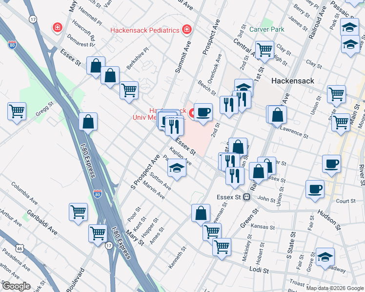 map of restaurants, bars, coffee shops, grocery stores, and more near 330 Kaplan Avenue in Hackensack