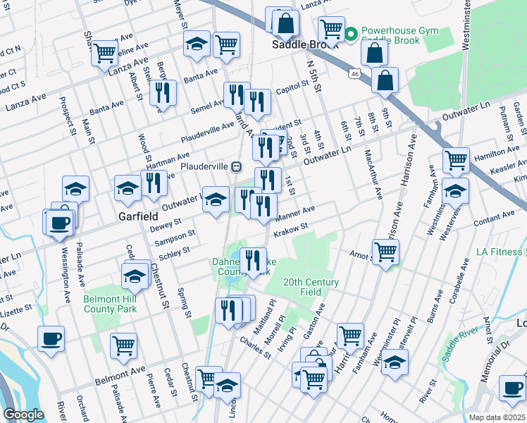 map of restaurants, bars, coffee shops, grocery stores, and more near 535 Midland Avenue in Garfield