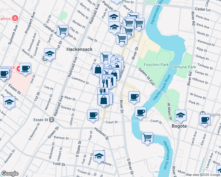 map of restaurants, bars, coffee shops, grocery stores, and more near 140 Main Street in Hackensack
