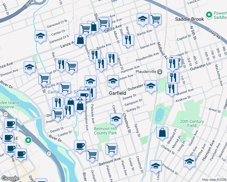 map of restaurants, bars, coffee shops, grocery stores, and more near 205 Outwater Lane in Garfield