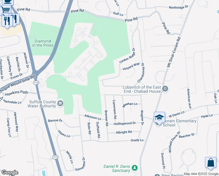 map of restaurants, bars, coffee shops, grocery stores, and more near 69 Chardonnay Drive in Coram