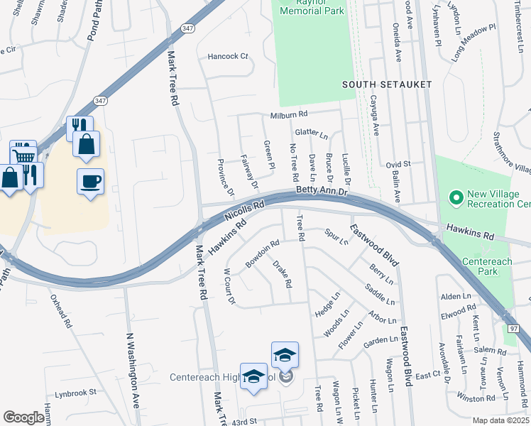 map of restaurants, bars, coffee shops, grocery stores, and more near 144 Hawkins Road in Centereach