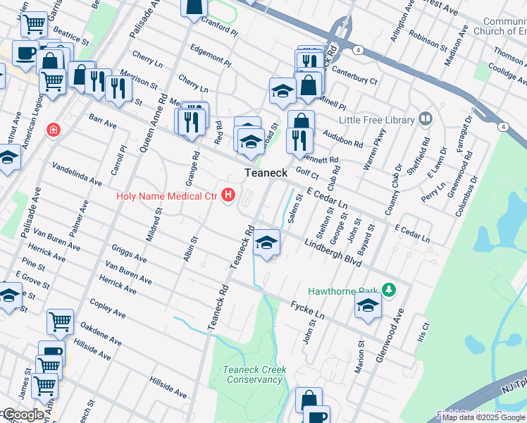map of restaurants, bars, coffee shops, grocery stores, and more near in Teaneck