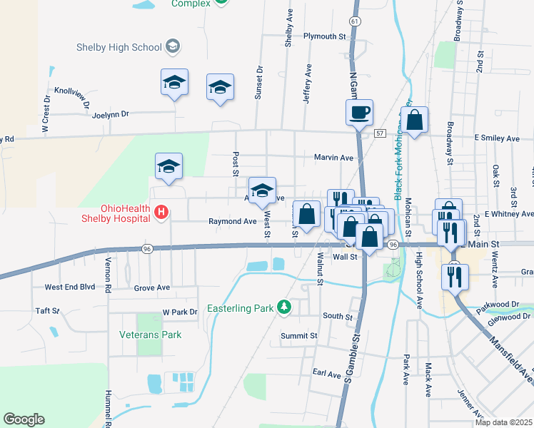 map of restaurants, bars, coffee shops, grocery stores, and more near 26 West Street in Shelby