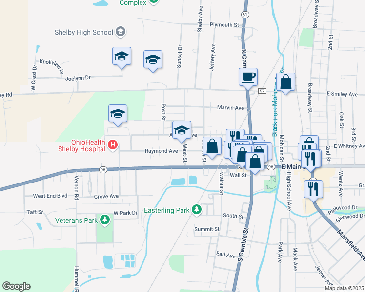 map of restaurants, bars, coffee shops, grocery stores, and more near 26 West Street in Shelby