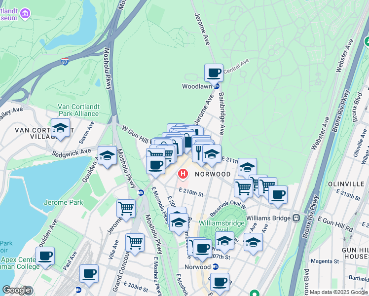 map of restaurants, bars, coffee shops, grocery stores, and more near 19 East Gun Hill Road in The Bronx