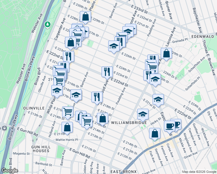 map of restaurants, bars, coffee shops, grocery stores, and more near 928 East 221st Street in Bronx