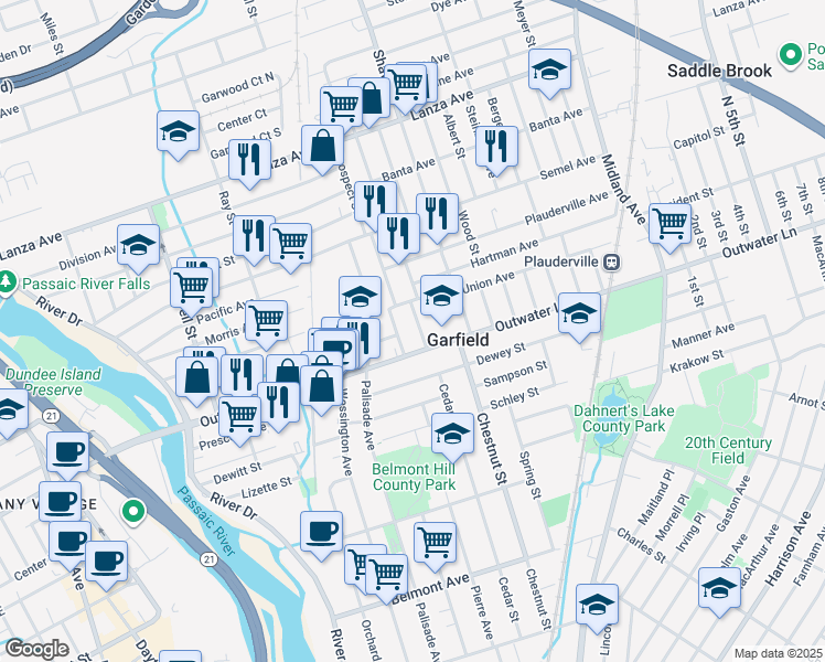 map of restaurants, bars, coffee shops, grocery stores, and more near 9 Main Street in Garfield