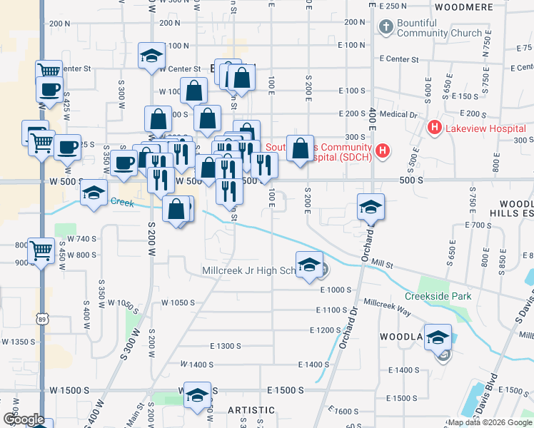 map of restaurants, bars, coffee shops, grocery stores, and more near 610 100 East in Bountiful