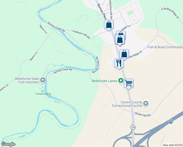 map of restaurants, bars, coffee shops, grocery stores, and more near Paradise Hill Road in Bellefonte