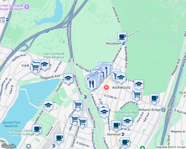 map of restaurants, bars, coffee shops, grocery stores, and more near in The Bronx