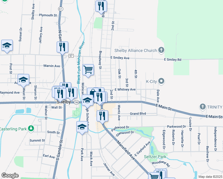map of restaurants, bars, coffee shops, grocery stores, and more near 43 East Whitney Avenue in Shelby