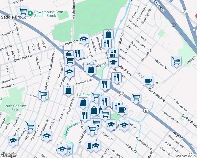 map of restaurants, bars, coffee shops, grocery stores, and more near 42 U.S. 46 in Lodi