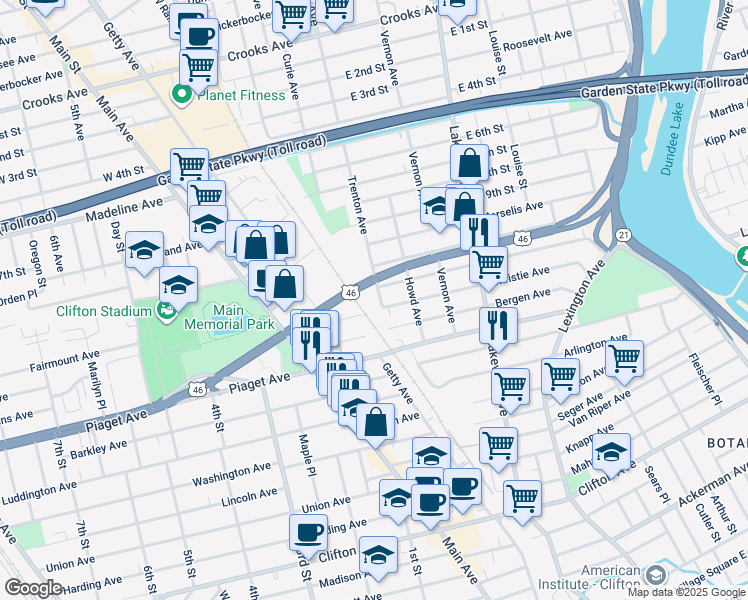 map of restaurants, bars, coffee shops, grocery stores, and more near 205 Trenton Avenue in Paterson