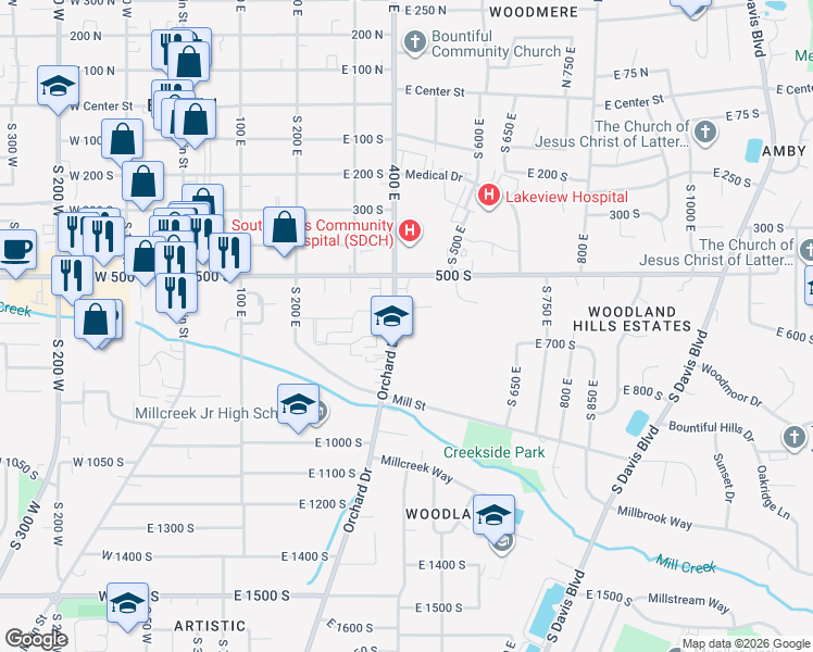 map of restaurants, bars, coffee shops, grocery stores, and more near 645 Orchard Drive in Bountiful
