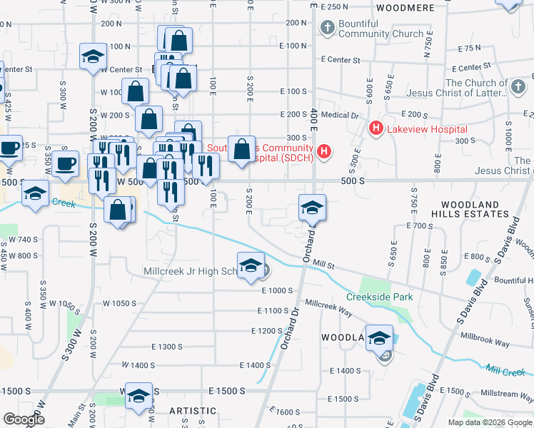 map of restaurants, bars, coffee shops, grocery stores, and more near 283 Peach Lane in Bountiful