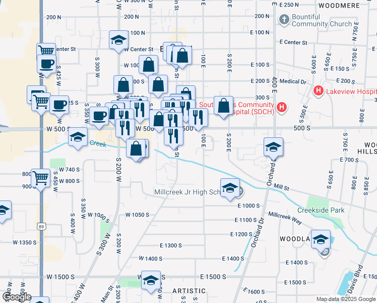 map of restaurants, bars, coffee shops, grocery stores, and more near 610 100 East in Bountiful