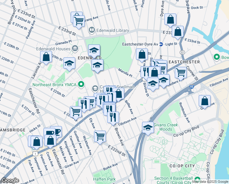 map of restaurants, bars, coffee shops, grocery stores, and more near 3525 Palmer Avenue in Bronx