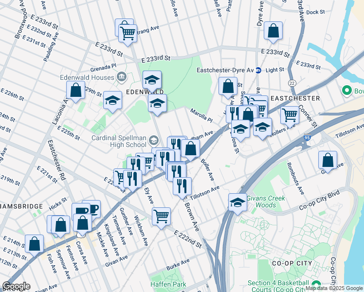 map of restaurants, bars, coffee shops, grocery stores, and more near 3525 Palmer Avenue in Bronx