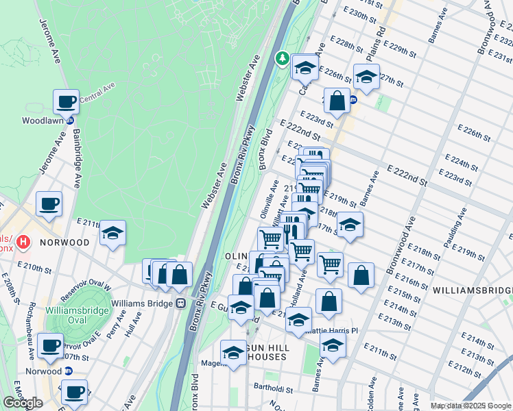 map of restaurants, bars, coffee shops, grocery stores, and more near 3719 Olinville Avenue in The Bronx
