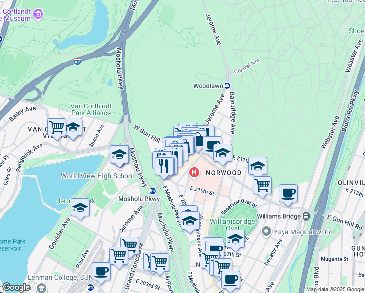 map of restaurants, bars, coffee shops, grocery stores, and more near 3464 Knox Place in Bronx