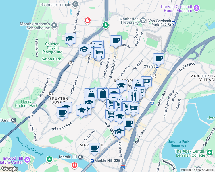 map of restaurants, bars, coffee shops, grocery stores, and more near 3210 Irwin Avenue in Bronx